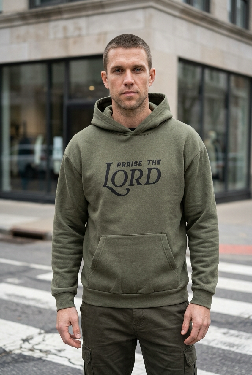 Man wearing a green hoodie with 'Praise the Lord' text standing on a city street.