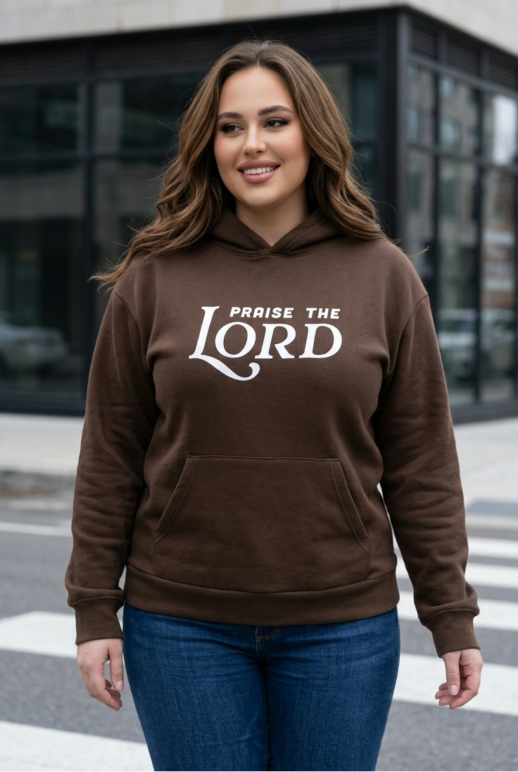 Woman wearing a brown hoodie with 'Praise the Lord' text, standing on a street.