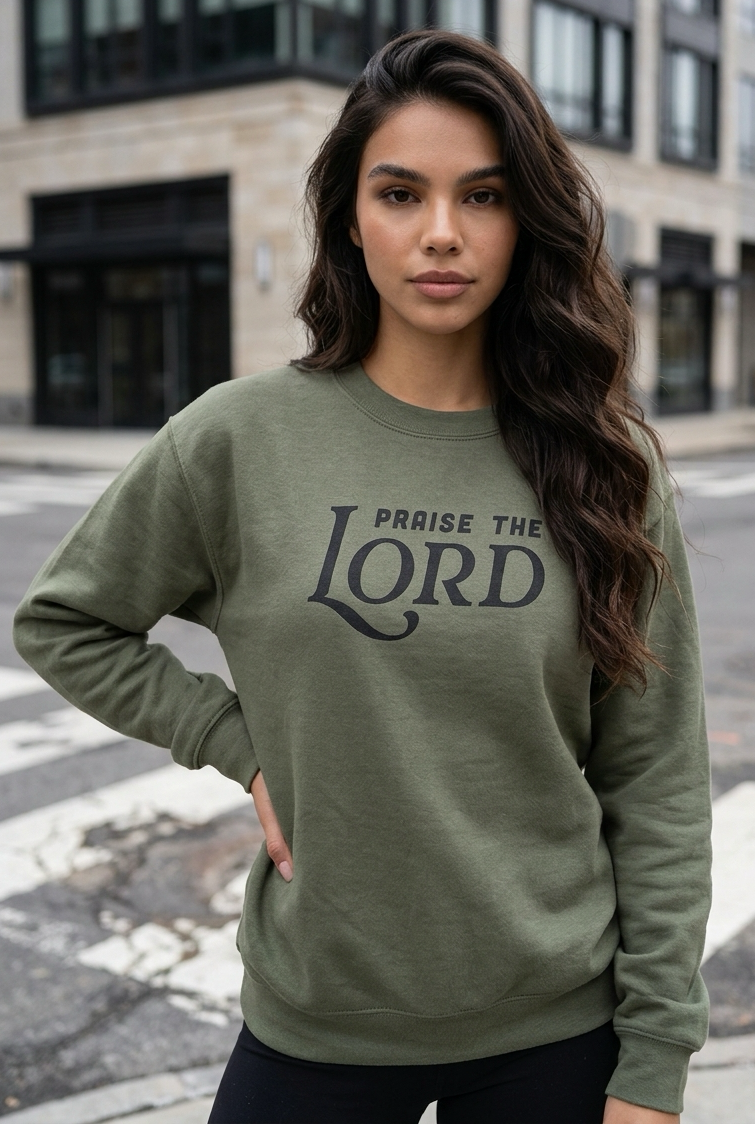 Woman wearing a green sweatshirt with 'Praise the Lord' text on a city street.
