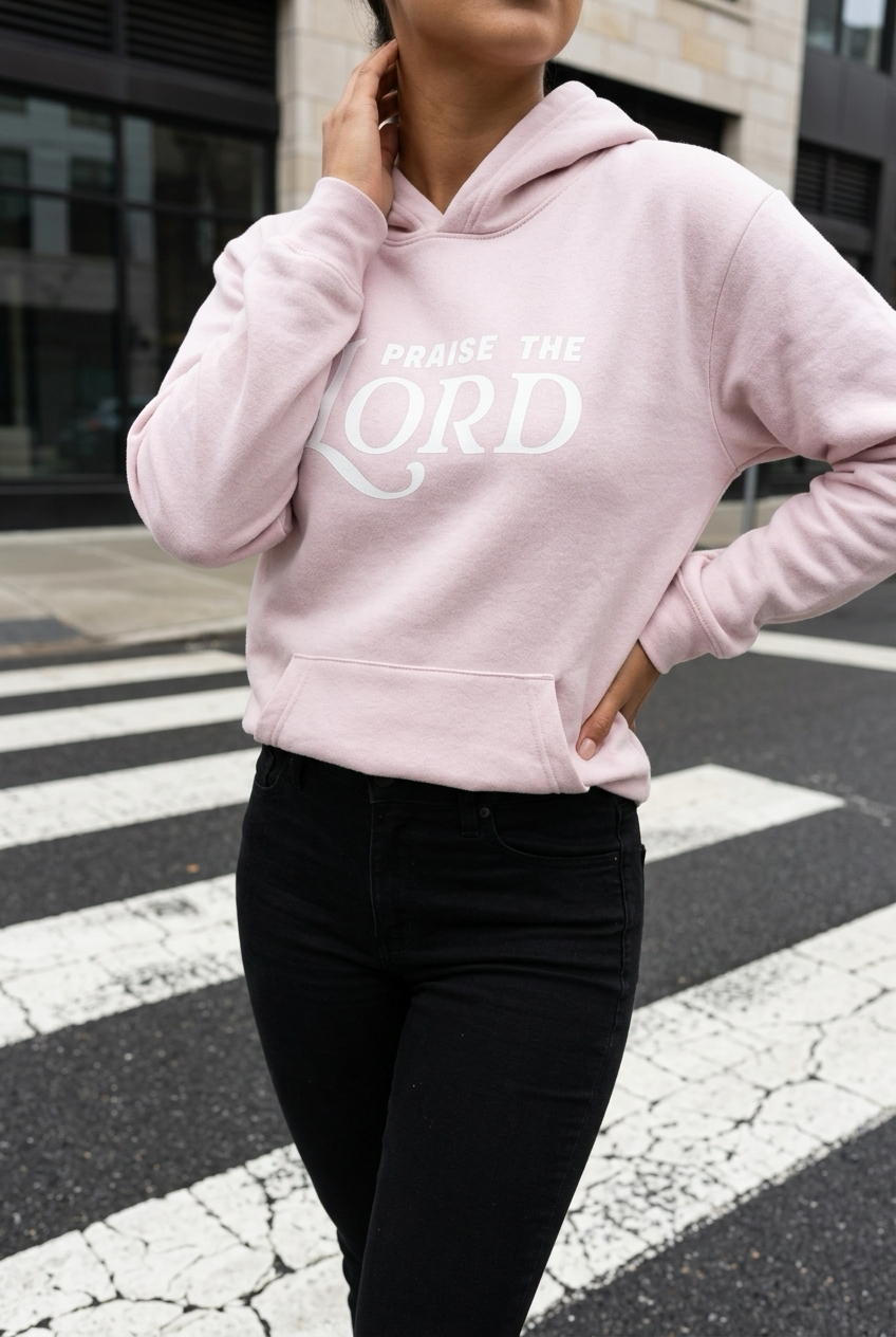 Person wearing a pink hoodie with 'PRAISE THE LORD' text on a crosswalk.