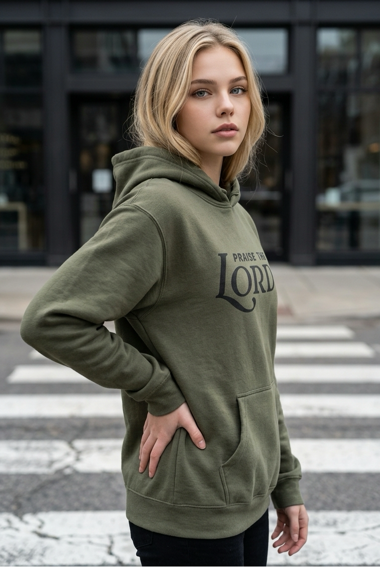 Woman wearing a green hoodie with 'Praise the Lord' text on a street.