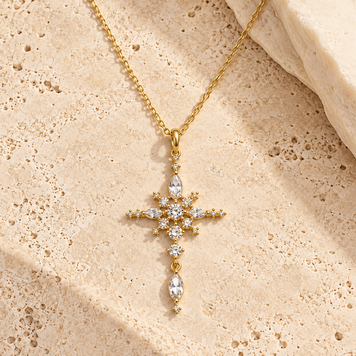 A gold cross pendant necklace adorned with clear gemstones, displayed on a textured beige stone surface.
