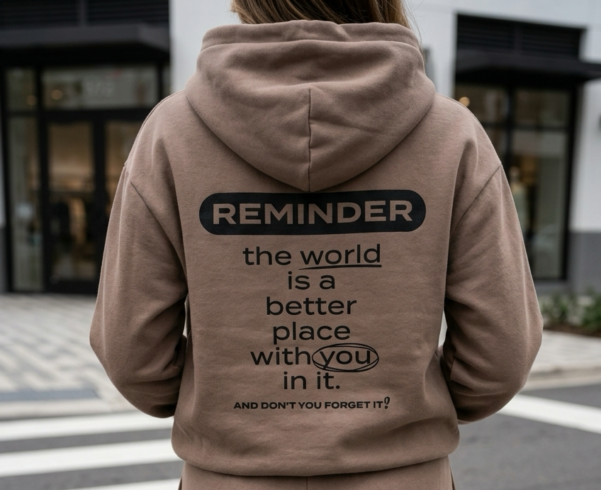 Person wearing a brown hoodie with a motivational message on the back, standing on a crosswalk.