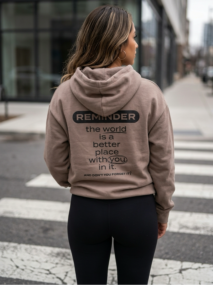 Person wearing a hoodie with a motivational message on a city street.