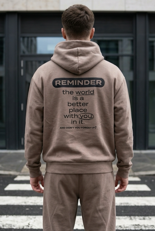 Person wearing a beige hoodie with a motivational message on the back, standing on a zebra crossing.