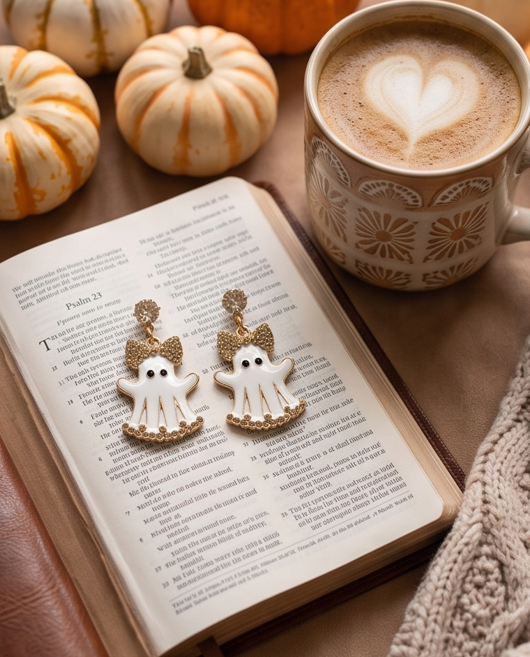 A pair of white ghost-shaped earrings with gold glittery bows and gold lettering, displayed on an open book in a cozy autumn-themed setting with pumpkins, a coffee cup, and a knit blanket.