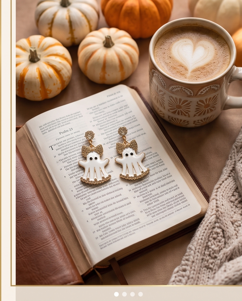 A pair of white ghost-shaped earrings with gold glittery bows and gold lettering, displayed on an open book in a cozy autumn-themed setting with pumpkins, a coffee cup, and a knit blanket.