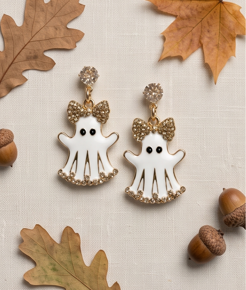 A pair of white ghost-shaped dangling earrings with gold-tone trim, rhinestone bow details, and small black eyes, styled on a textured beige fabric with autumn leaves and acorns.