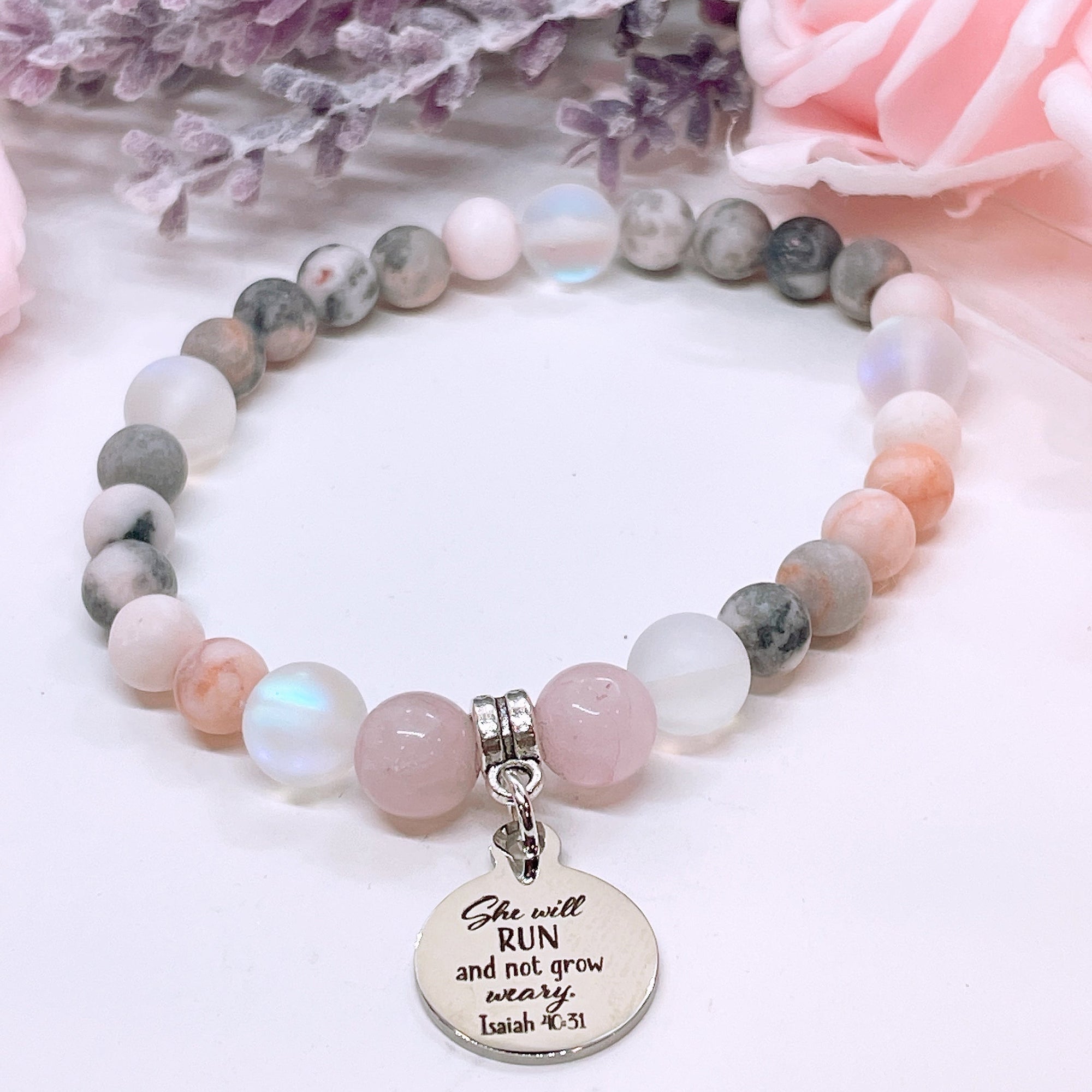 She Will Run and Not Grow Weary Companion Charm Bracelet Rose Quartz