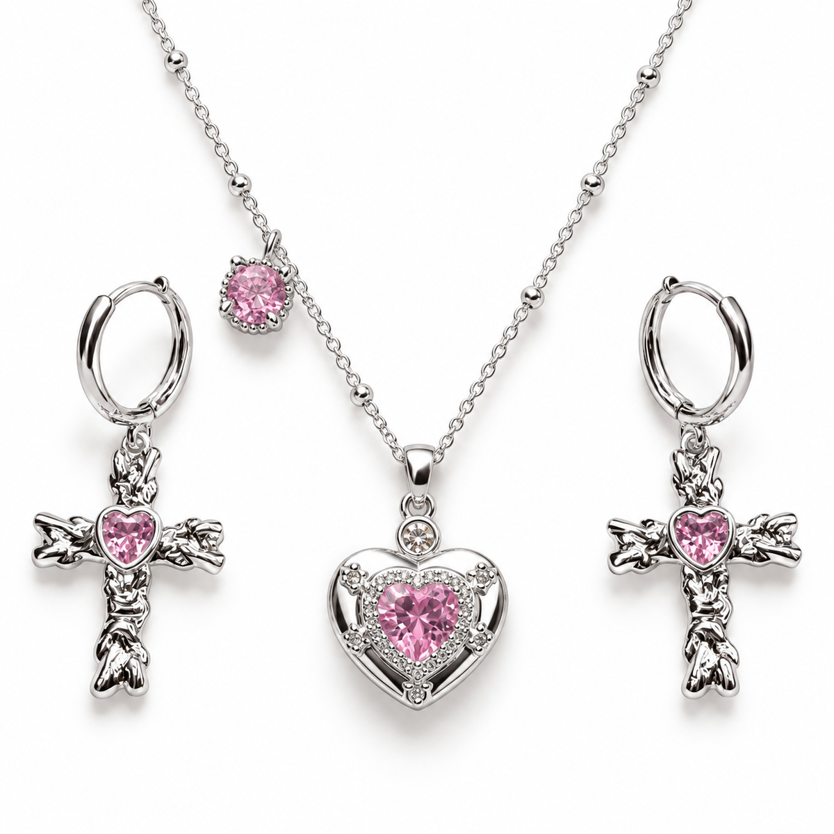Held in His Love Silver Pink Heart Necklace &amp; Cross Earring Set
