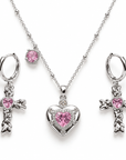 Held in His Love Silver Pink Heart Necklace & Cross Earring Set