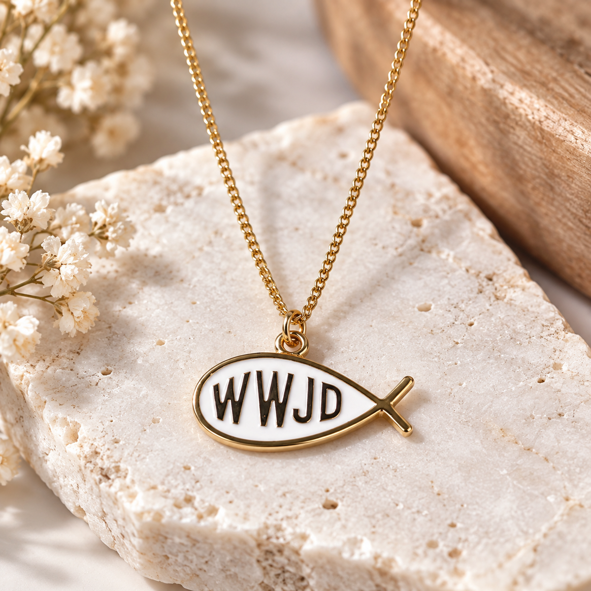 A gold fish-shaped pendant necklace with a white enamel center and the black letters 'WWJD' inside, displayed on a textured stone slab with small white flowers.