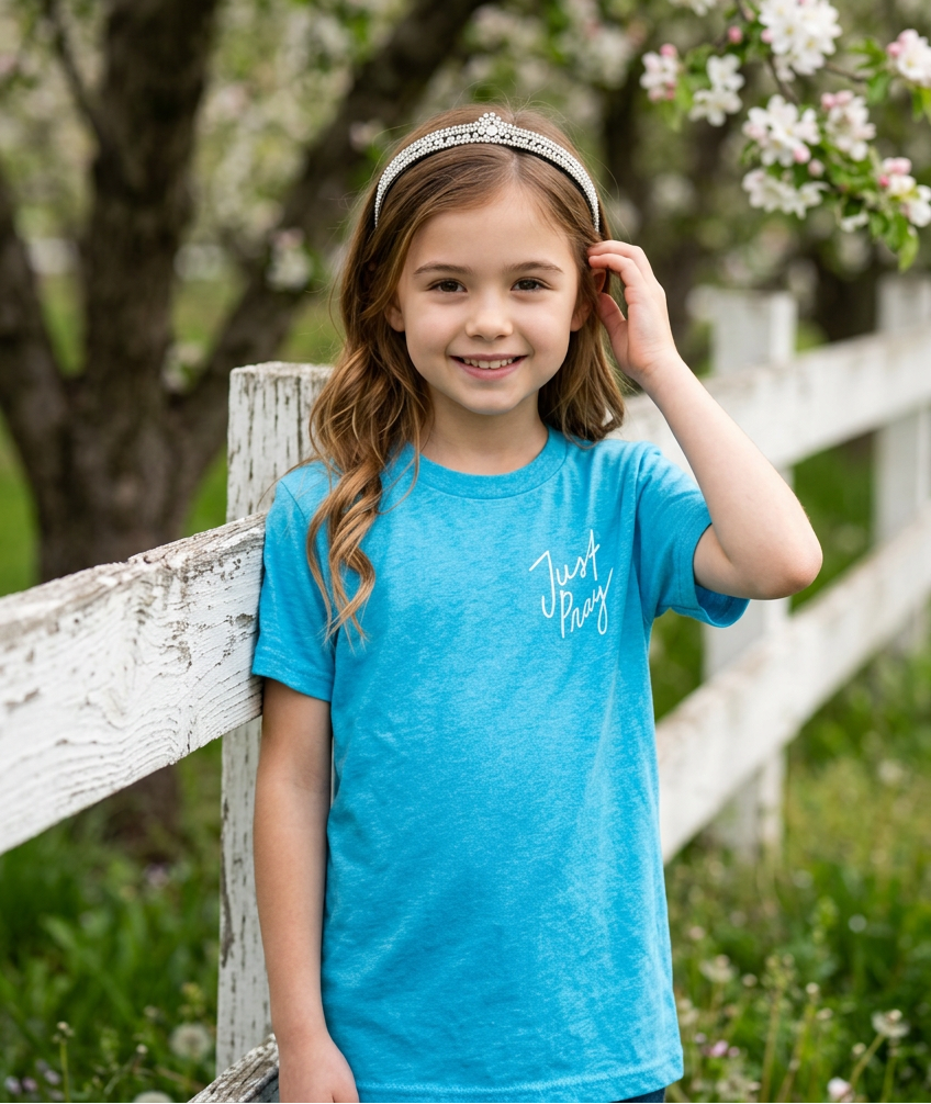 Young girl in a blue shirt standing in front of a white picket fence with cherry blossom trees in the background.