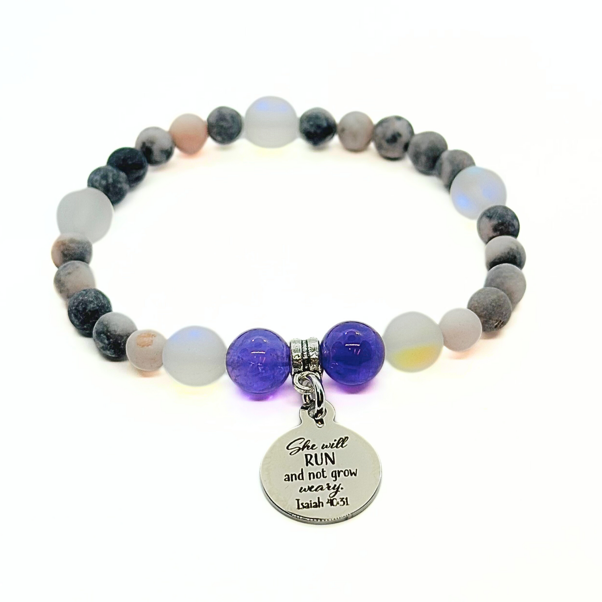 She Will Run and Not Grow Weary Companion Charm Bracelet Amethyst
