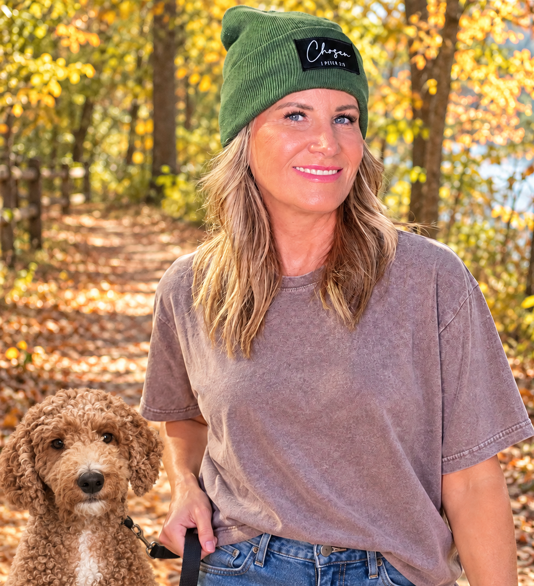 A woman wearing a green beanie with a black 'Chicory Farms' logo and a faded brown t-shirt stands outdoors on a leaf-covered path with a brown dog beside her.