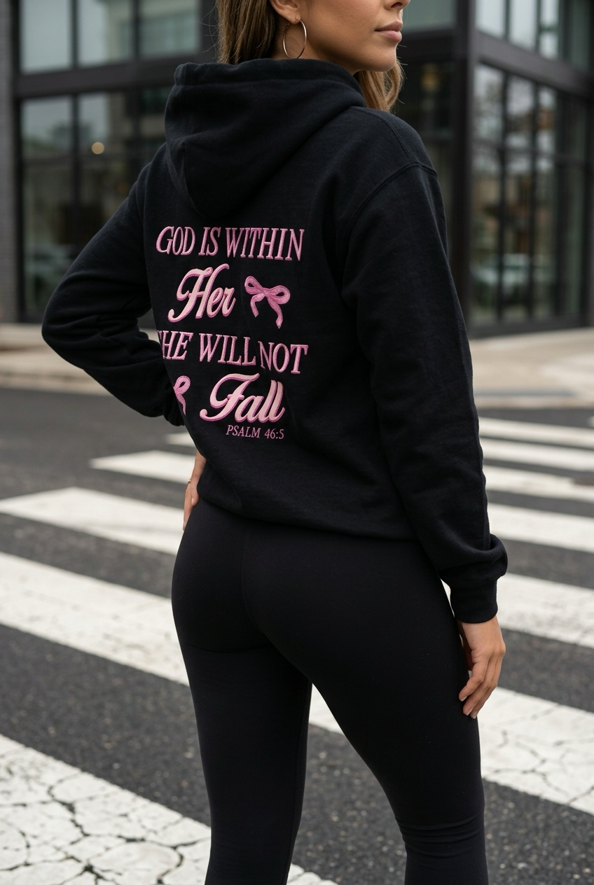 Person wearing a black hoodie with pink text on the back, standing on a crosswalk.