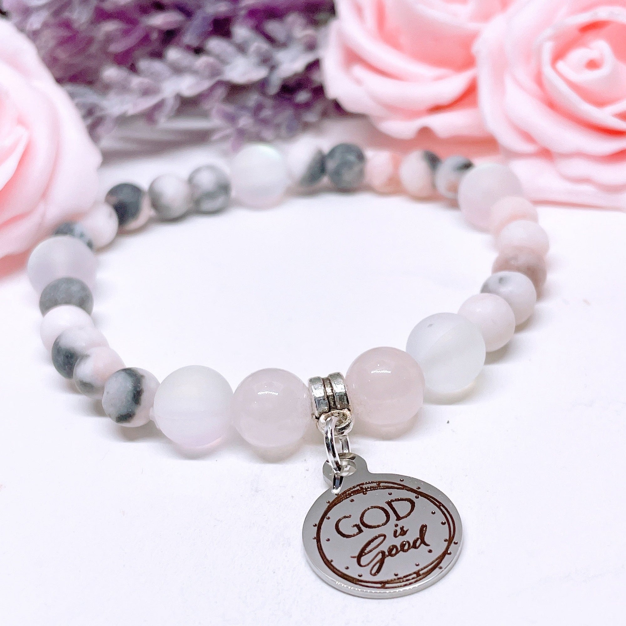 God is Good Companion Charm Bracelet Rose Quartz