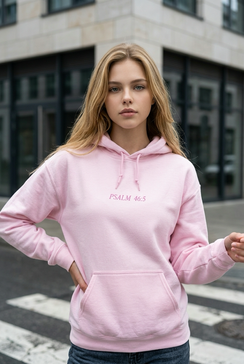 Woman wearing a pink hoodie with text, standing on a street.