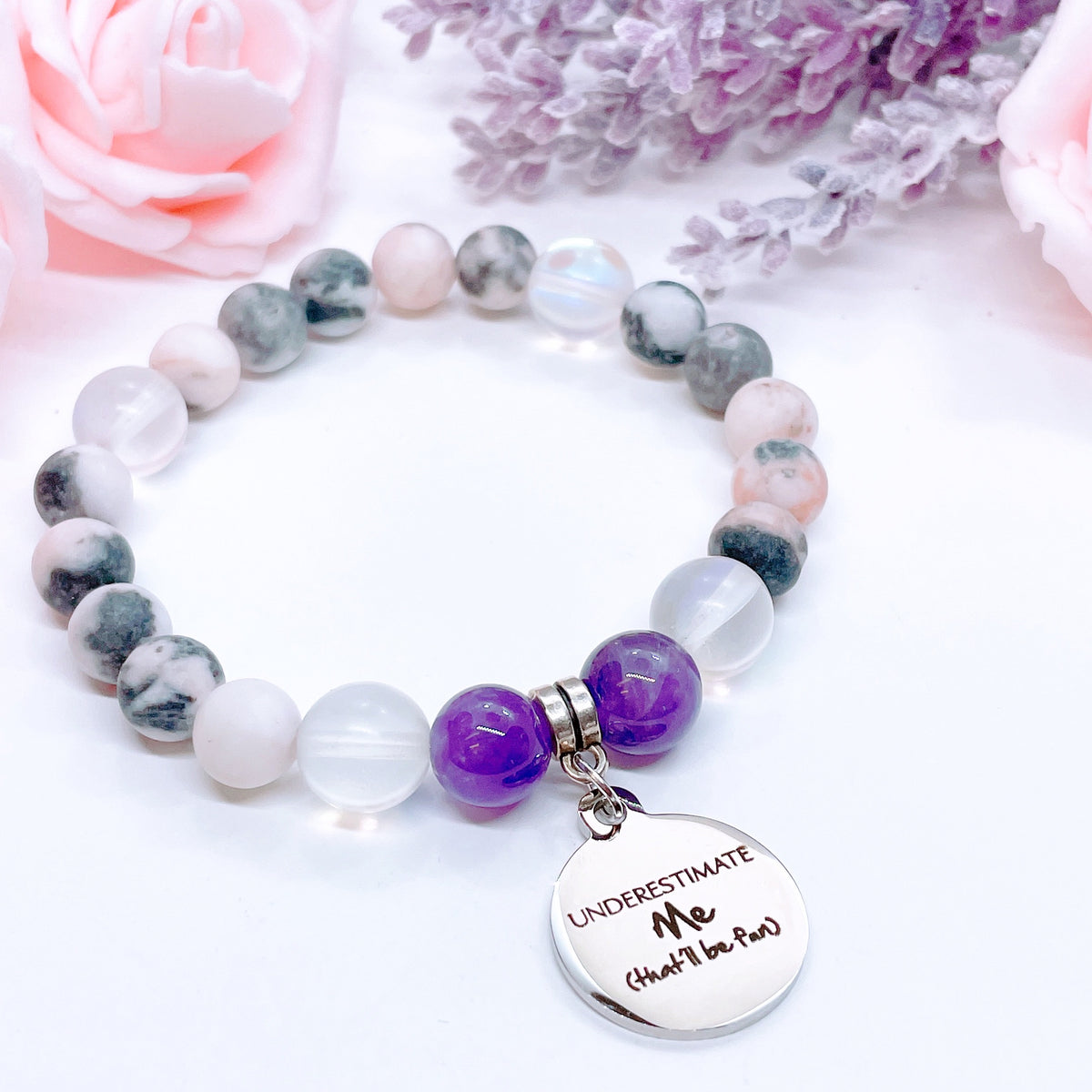 Underestimate Me… Lava Stone &amp; Pink Zebra Jasper Charm Bracelet