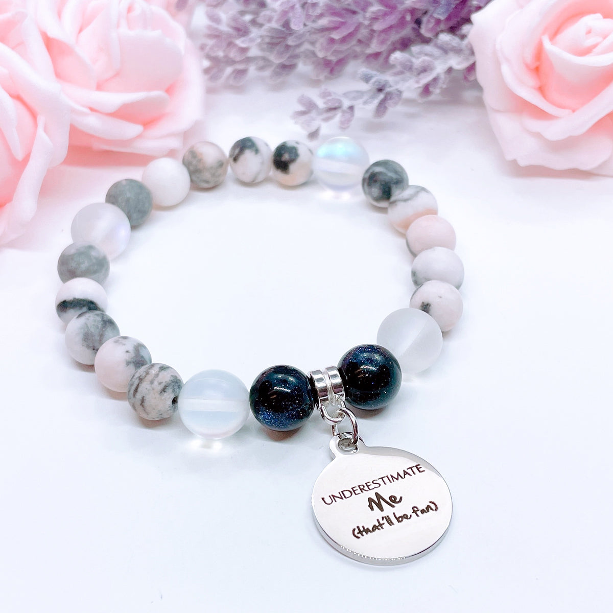Underestimate Me… Lava Stone &amp; Pink Zebra Jasper Charm Bracelet