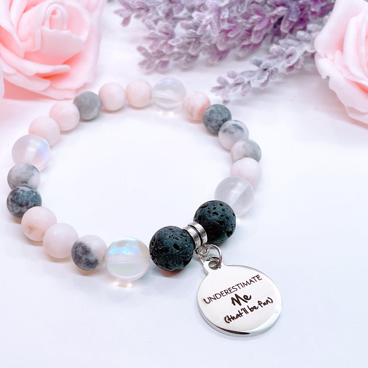 Underestimate Me… Lava Stone &amp; Pink Zebra Jasper Charm Bracelet