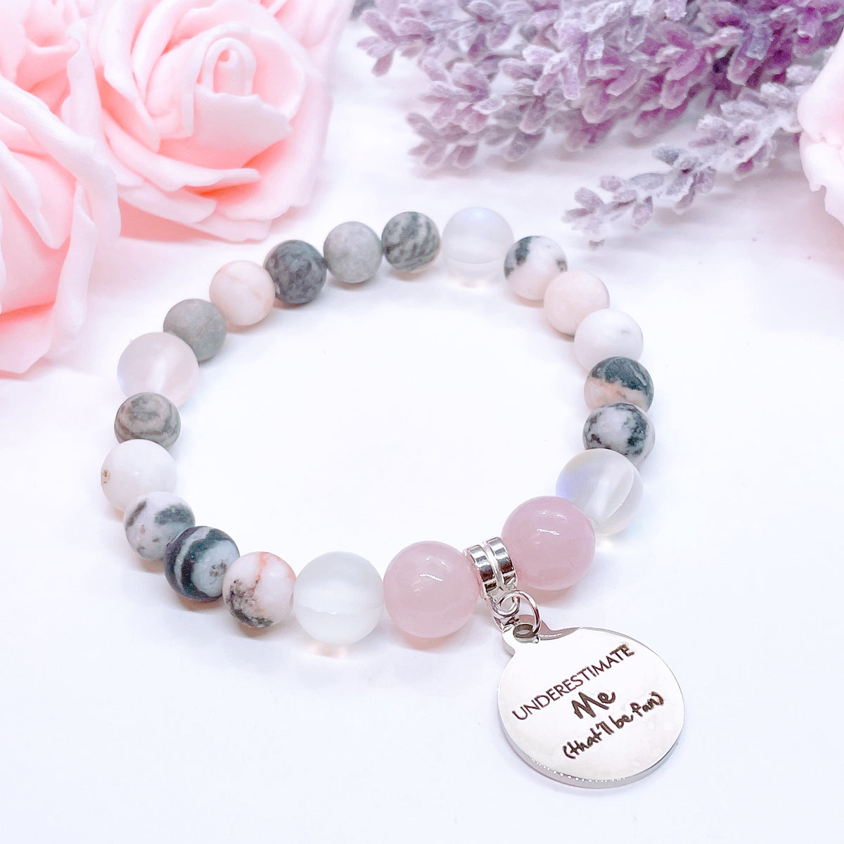 Underestimate Me… Lava Stone &amp; Pink Zebra Jasper Charm Bracelet