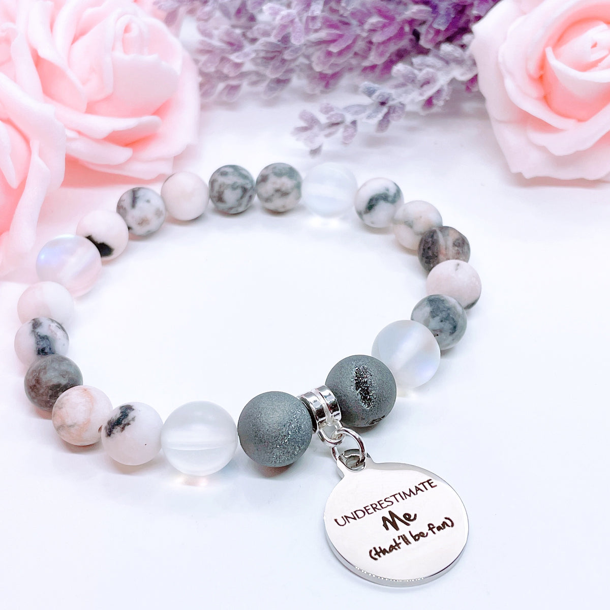 Underestimate Me… Druzy &amp; Pink Zebra Jasper Charm Bracelet